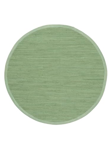 carpetfine Flickenteppich Kelim Chindi Uni rund Grün Ø 120 cm handgewebt | Fleckerlteppich aus Baumwolle für Wohnzimmermit Fransen von carpetfine