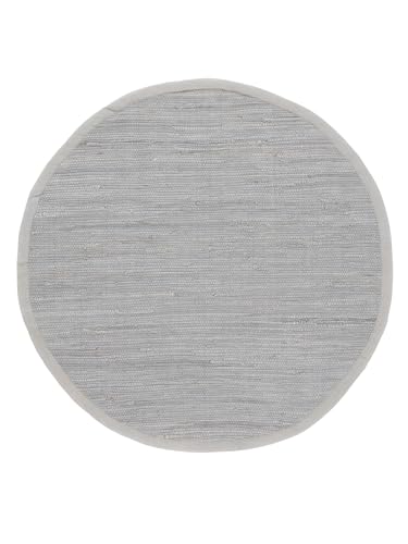 carpetfine Flickenteppich Kelim Chindi Uni rund Hellgrau Ø 60 cm handgewebt | Fleckerlteppich aus Baumwolle für Wohnzimmermit Fransen von carpetfine