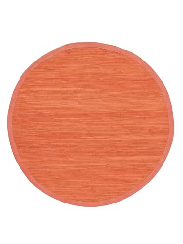 carpetfine Flickenteppich Kelim Chindi Uni rund Orange Ø 60 cm handgewebt | Fleckerlteppich aus Baumwolle für Wohnzimmermit Fransen von carpetfine