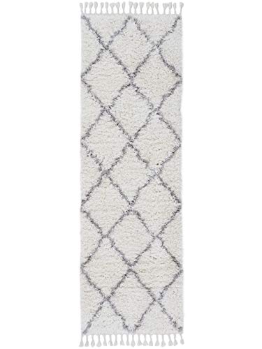 carpetfine Hochflorteppich Eddy Läufer Weiß 60x180 cm Floral | Moderner Teppich für Wohn- und Schlafzimmer von carpetfine