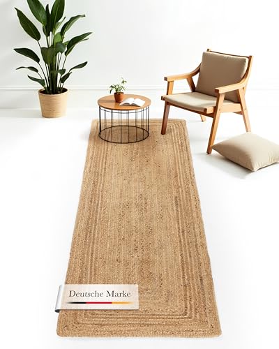carpetfine Juteteppich Nele Läufer Brücke Beige handgewebt aus Jute 70x200 cm | Moderner Naturfaserteppich im Boho Style für Küche, Flur und Brücke von carpetfine