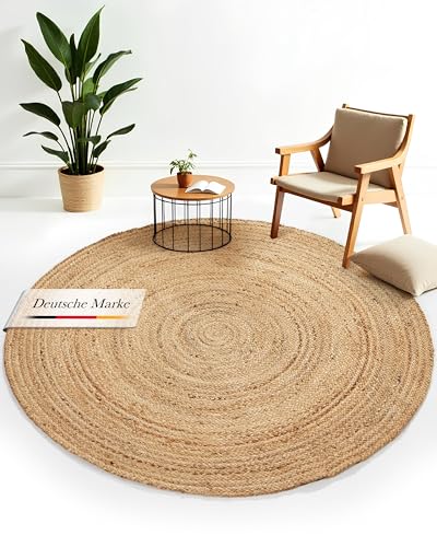 carpetfine Juteteppich Nele Beige handgewebt aus Jute Ø 60 cm | Kleiner Naturfaserteppich Rund im Boho Style für Wohnzimmer, Küche und im Flur von carpetfine