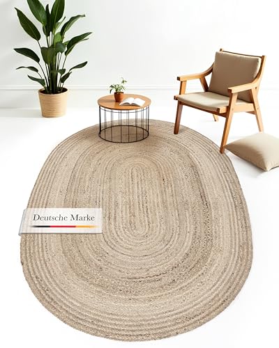 carpetfine Juteteppich Nele Taupe handgewebt aus Jute 140x200 cm | Oval Naturfaserteppich im Boho Style für Wohnzimmer, Küche und im Flur von carpetfine