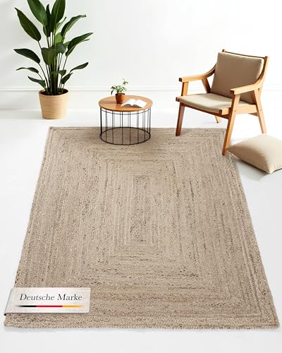 carpetfine Juteteppich Nele Taupe handgewebt aus Jute Rechteckig 100x150 cm | Moderner Naturteppich Uni im Boho - Style Flachgewebe Teppich für Wohnzimmer und Schlafzimmer von carpetfine