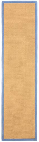 carpetfine Sisalteppich Läufer Naturfarbe 60x180 cm handgewebt mit Bordüre aus Baumwolle in Blau | Rutschfester Flachgewebe Teppichläufer Uni aus Naturfasern für Wohnzimmer, Schlafzimmer von carpetfine