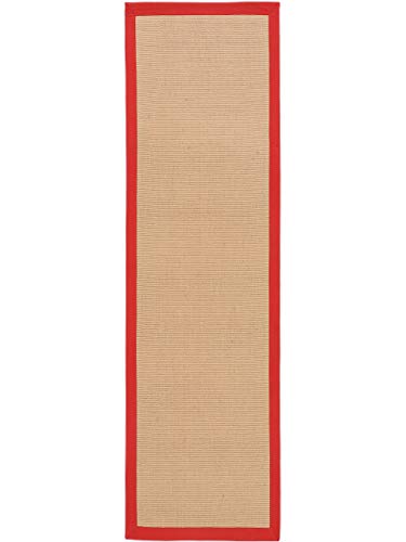 carpetfine Sisalteppich Läufer Naturfarbe 60x180 cm handgewebt mit Bordüre aus Baumwolle in Rot | Rutschfester Flachgewebe Teppichläufer Uni aus Naturfasern für Wohnzimmer, Schlafzimmer von carpetfine