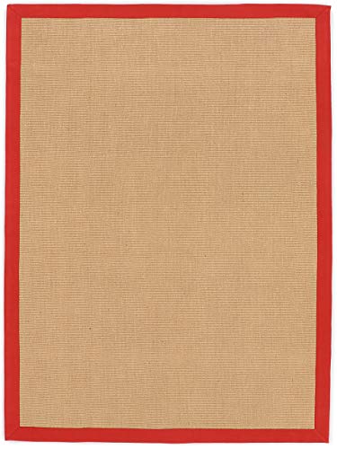 carpetfine Sisalteppich Naturfarbe 120x170 cm handgewebt mit Bordüre aus Baumwolle in Rot | Rutschfester Flachgewebeteppich Uni aus Naturfasern für Wohnzimmer, Schlafzimmer von carpetfine