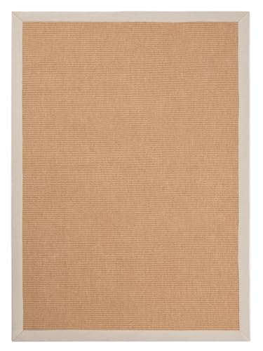 carpetfine Sisalteppich Naturfarbe 200x290 cm handgewebt mit Bordüre aus Baumwolle in Creme | Moderner Rutschfester Flachgewebeteppich Uni aus Naturfasern für Wohnzimmer, Schlafzimmer von carpetfine