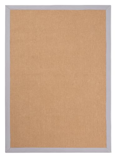 carpetfine Sisalteppich Naturfarbe 200x290 cm handgewebt mit Bordüre aus Baumwolle in Hellgrau | Moderner Rutschfester Flachgewebeteppich Uni aus Naturfasern für Wohnzimmer, Schlafzimmer von carpetfine