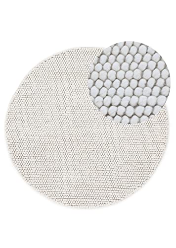 carpetfine Wollteppich Calo weicher Filzkugel-Teppich Rund Creme Ø 150 cm für Wohnzimmer, Schlafzimmer & Kinderzimmer von carpetfine