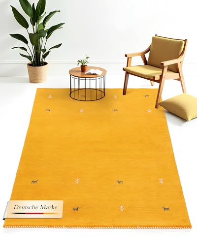 carpetfine Wollteppich Gabbeh Uni Gelb 160x230 cm | Moderner Teppich für Wohn- und Schlafzimmer von carpetfine