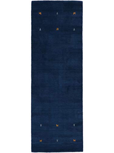 carpetfine Wollteppich Gabbeh Uni Läufer Blau 80x350 cm | Moderner Teppich für Wohn- und Schlafzimmer von carpetfine