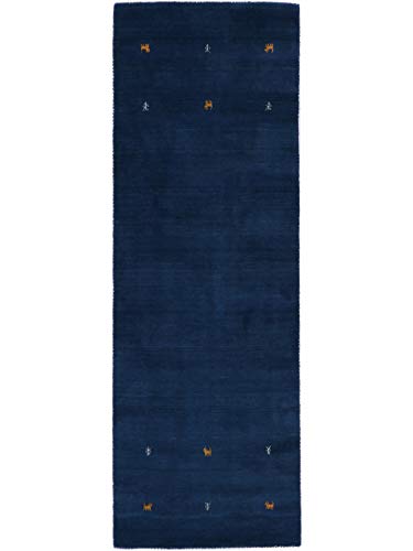 carpetfine Wollteppich Gabbeh Uni Läufer Blau 80x500 cm | Moderner Teppich für Wohn- und Schlafzimmer von carpetfine