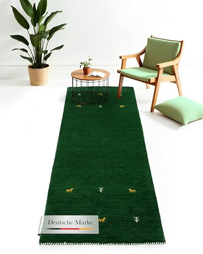 carpetfine Wollteppich Gabbeh Uni Läufer Grün 80x300 cm | Moderner Teppich für Wohn- und Schlafzimmer von carpetfine