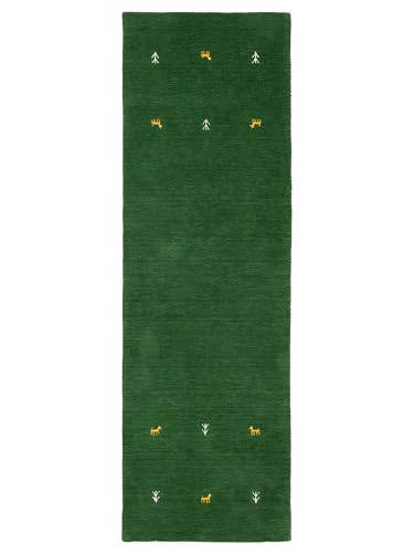 carpetfine Wollteppich Gabbeh Uni Läufer Grün 80x600 cm | Moderner Teppich für Wohn- und Schlafzimmer von carpetfine