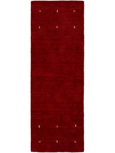 carpetfine Wollteppich Gabbeh Uni Läufer Rot 80x350 cm | Moderner Teppich für Wohn- und Schlafzimmer von carpetfine