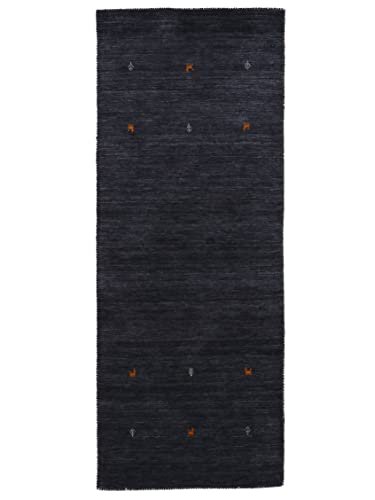 carpetfine Wollteppich Gabbeh Uni Läufer Schwarz 80x350 cm | Moderner Teppich für Wohn- und Schlafzimmer von carpetfine