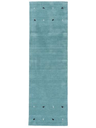 carpetfine Wollteppich Gabbeh Uni Läufer Türkis 80x500 cm | Moderner Teppich für Wohn- und Schlafzimmer von carpetfine