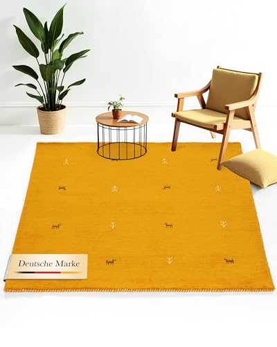 carpetfine Wollteppich Gabbeh Uni Quadratisch Gelb 150x150 cm | Moderner Teppich für Wohn- und Schlafzimmer von carpetfine