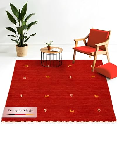 carpetfine Wollteppich Gabbeh Uni Quadratisch Rot 60x60 cm | Moderner Teppich für Wohn- und Schlafzimmer von carpetfine