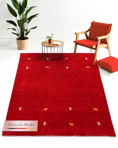 carpetfine Wollteppich Gabbeh Uni Rot 60x90 cm | Moderner Teppich für Wohn- und Schlafzimmer von carpetfine
