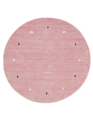 carpetfine Wollteppich Gabbeh Uni Rund Rosa Ø 120 cm | Moderner Teppich für Wohn- und Schlafzimmer von carpetfine