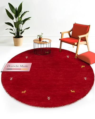 carpetfine Wollteppich Gabbeh Uni Rund Rot Ø 80 | Moderner Teppich für Wohn- und Schlafzimmer von carpetfine