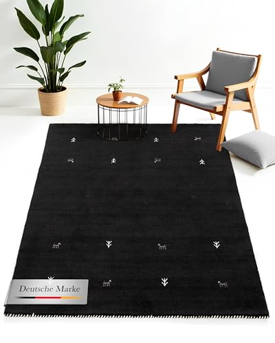 carpetfine Wollteppich Gabbeh Uni Schwarz 240x340 cm | Moderner Teppich für Wohn- und Schlafzimmer von carpetfine