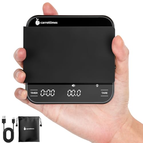 carrottimes Wiederaufladbare Mini Kaffeewaage mit Timer, 2 kg/0,1 g Präzision Espresso Waage, Tragbare Digitale Kaffee Waage mit 4 Modi für Espresso und Pour-Over-Kaffee (schwarz) von carrottimes