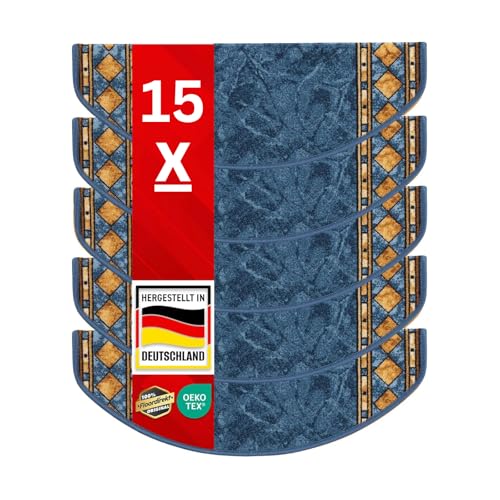 casa pura 15x Stufenmatten Rügen - Halbrund oder Eckig - Treppenmatten in 4 Farben - Strapazierfähig & pflegeleicht - Stufenteppich für Innen (Blau, 65 x 23,5 cm Eckig) von casa pura
