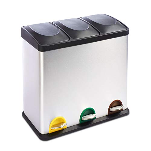 casa pura Mülleimer bis zu 72 Liter - Abfalleimer aus Edelstahl - Mülltrennsystem für Küche - Treteimer - Abfallsammler - Inneneimer mit Tragegriff (Brandon - Edelstahl, 54 Liter) von casa pura