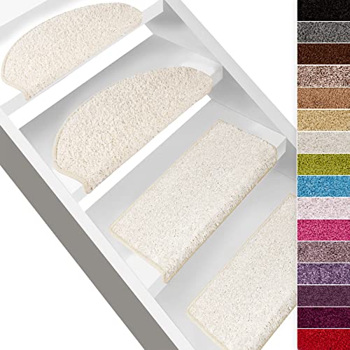 casa pura Shaggy Stufenmatten Barcelona, weicher Hochflor Treppen-Teppich | sauber eingekettelt, Starke Befestigung, stabile Winkelschiene, | 1 Stück halbrund | 65 x 23,5cm | Creme von casa pura