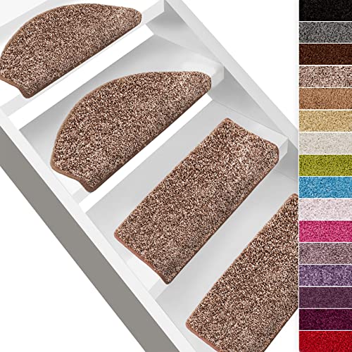 casa pura Shaggy Stufenmatten Barcelona 15 Stück Set, weicher Hochflor Treppen-Teppich | sauber eingekettelt, Starke Befestigung, stabile Winkelschiene, | halbrund | 65 x 23,5cm | Beigebraun von casa pura