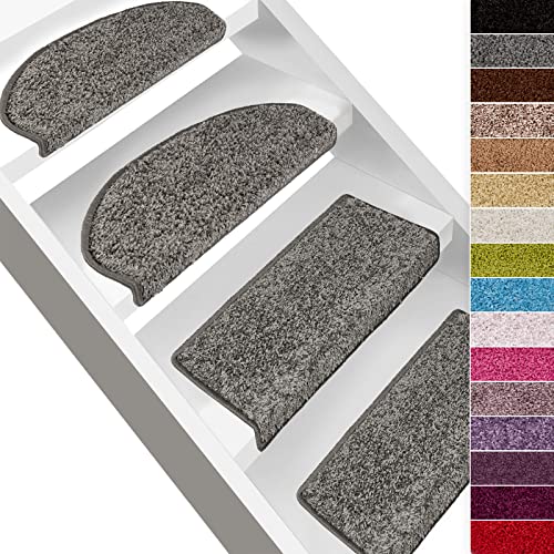 casa pura Shaggy Stufenmatten Barcelona 15 Stück Set, weicher Hochflor Treppen-Teppich | sauber eingekettelt, Starke Befestigung, stabile Winkelschiene, | halbrund | 65 x 23,5cm | Grau von casa pura