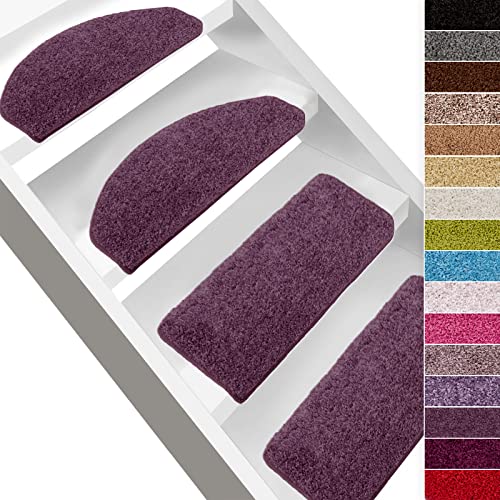 casa pura Shaggy Stufenmatten Barcelona 15 Stück Set, weicher Hochflor Treppen-Teppich | sauber eingekettelt, Starke Befestigung, stabile Winkelschiene, | halbrund | 65 x 23,5cm | Lila von casa pura