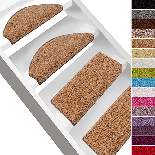 casa pura Shaggy Stufenmatten Barcelona 15 Stück Set, weicher Hochflor Treppen-Teppich | sauber eingekettelt, Starke Befestigung, stabile Winkelschiene, | rechteckig | 65 x 23,5cm | Hellbraun von casa pura