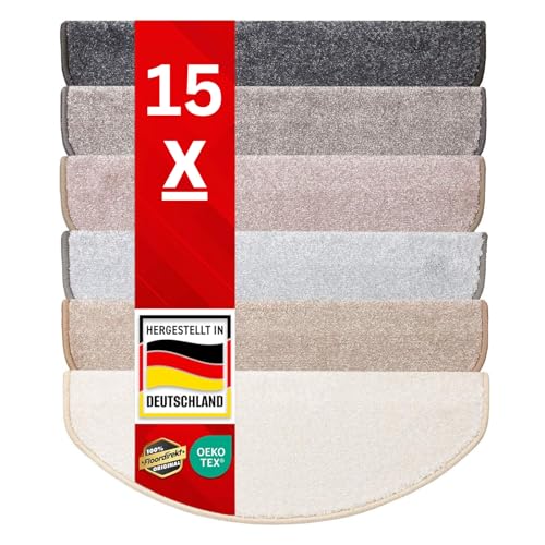 casa pura Stufenmatten innen 1 stück Treppenteppich selbstklebend und antirutsch mit kuschlig weichem Flor | Treppen Teppichstufen gekettelt halbrund Beige | 65 x 23,5 x 1,3 cm (Sundae) von casa pura