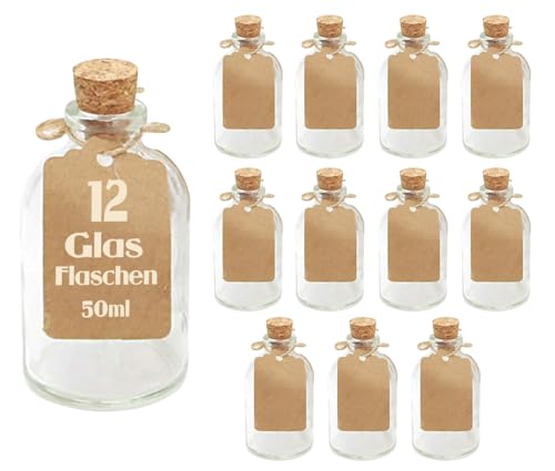 casavetro 12 x 50 ml kleine Glas-Fläschchen mit Kork Deckel, Glasflaschen für Hochzeit Geschenke set Gastgeschenke (12 Stück-inkl.alles) von casavetro