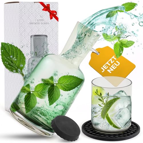 CASA.INARO® edle Glaskaraffe | Wasserkaraffe 1 Liter mit Glas | Wasserkrug | Tropfenfrei | Nachttisch [Karaffen Set mit Untersetzer & Deckel] Als Geschenk zum Geburtstag | Rauchglas grau/grün von casa.inaro