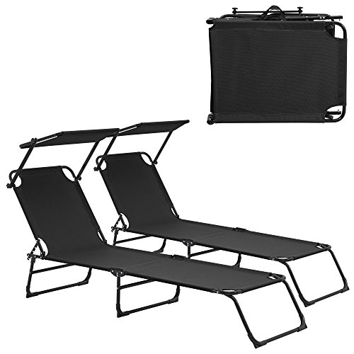 casa.pro 2er Set Sonnenliege 'Lomeda' mit Sonnendach Gartenliege 187x53x27cm Liege Schwarz von casa.pro