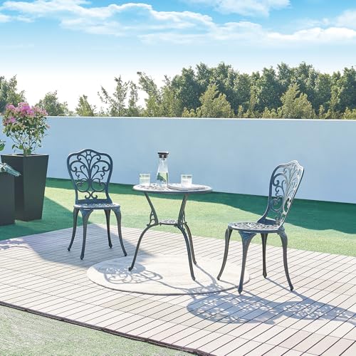 casa.pro Bistro Set Lupsam Balkonmöbel Set 3-teilig Outdoor Sitzgruppe aus Aluminiumguss runder Bistrotisch mit 2 Stühlen wetterfest Dunkelgrau mit grüner Patina Gartenmöbelset von casa.pro
