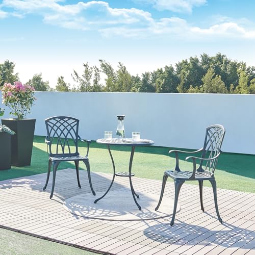 casa.pro Bistro Set Vena Balkonmöbel Set 3-teilig runder Bistrotisch mit 2 Stühlen Outdoor Sitzgruppe aus Aluminiumguss wetterfest Gartenmöbelset Dunkelgrau mit grüner Patina von casa.pro