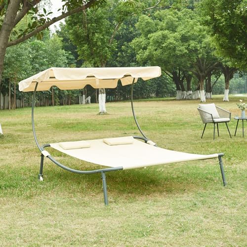 casa.pro Doppelliege Avigliano Gartenliege für 2 Personen 200 x 134 cm Outdoor-Liege mit Sonnendach wetterfest Sonnenliege Relaxliege Beige von casa.pro
