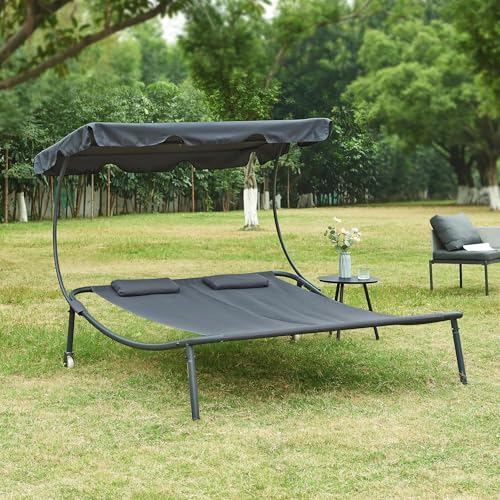 casa.pro Doppelliege Avigliano Gartenliege für 2 Personen 200 x 134 cm Outdoor-Liege mit Sonnendach wetterfest Sonnenliege Relaxliege Grau von casa.pro