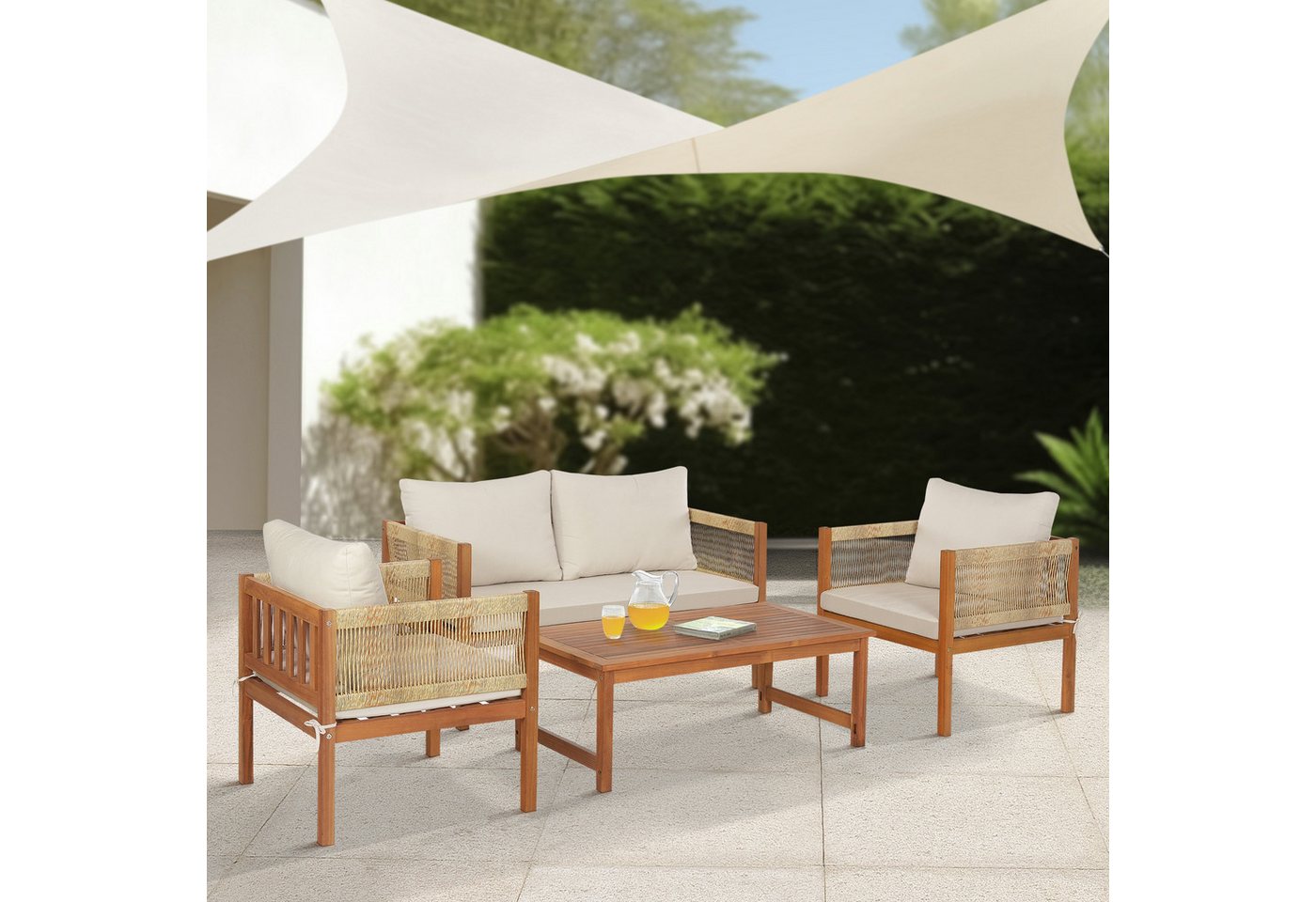 casa.pro Gartenlounge-Set, (4-tlg., 1 Tisch, 2 Stühle, 1 Sitzbank inkl. Kissen), »Cannole« Akazien und Polyrattan Holzfarben von casa.pro