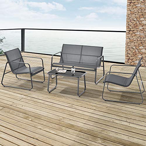 casa.pro Gartenmöbel-Set Anzi 4-TLG. Outdoor Sitzgruppe Grau Balkonmöbel Set aus 1 Tisch, 1 Bank, 2 Stühle Terrasse Loungemöbelset wetterfest von casa.pro