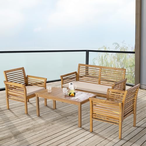 casa.pro Gartenmöbel Set Candela 4-TLG. Sitzgruppe mit Kissen Gartenlounge-Set aus Akazienholz 1x Tisch + 2X Stühle + 1x Sitzbank Holzfarben/Beige von casa.pro