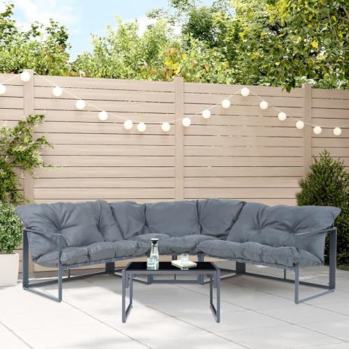 casa.pro Gartenmöbel Set Karg Balkonmöbel Lounge Set 4-teilig Sitzgruppe 3 Sofaelemente mit Couchtisch Outdoor Ecksofa Glasplatte Kissen wetterfest Dunkelgrau von casa.pro