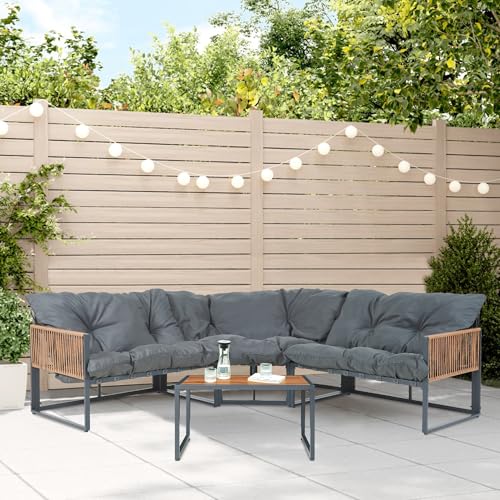 casa.pro Gartenmöbel Set Karg Balkonmöbel Lounge Set 4-teilig Sitzgruppe 3 Sofaelemente mit Couchtisch Outdoor Ecksofa Rattan-Armlehne Kissen wetterfest Dunkelgrau/Rattanoptik von casa.pro