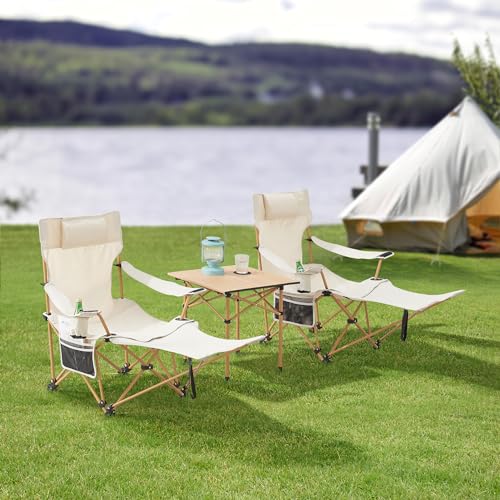 casa.pro Gartenmöbelset Bellante 3-TLG. Campingset 2 Stühle und Tisch faltbares Picknickset aus Textilgewebe Klappstühle mit 2 Becherhaltern und Fußstütze Beige von casa.pro